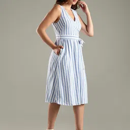 Tommy Hilfiger Women Striped Tie-Ups V-Neck Fit & Flare Knee Length Dress image 2