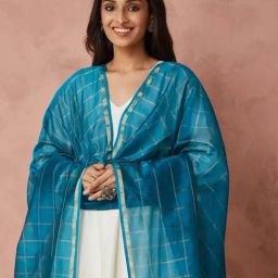 Fabindia Blue Cotton Silk Regular Fit Woven Dupatta-picture-12