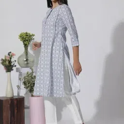 W White Cotton Printed Straight Kurta image 3