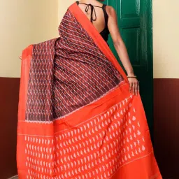 Unnati Silks Maroon & Orange Printed Saree With Unstitched Blouse image 2