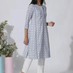 W White Cotton Printed Straight Kurta image 5