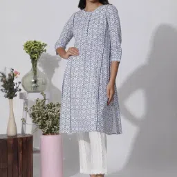 W White Cotton Printed Straight Kurta image 2