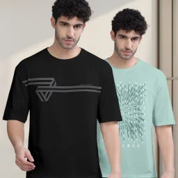 Bullmer Black & Neo Mint Green Cotton Oversized Fit Printed T-Shirt - Pack Of 2 image 2