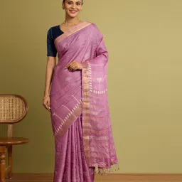 Taneira Light Violet Chattisgarh Block Printed Pure Tussar Silk Saree image 2