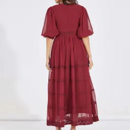 Styli Maroon Cotton Self Pattern Maxi Dress image 2