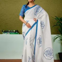 Satrani Off White Chanderi Cotton Printed Saree With Unstitched Blouse-picture-23