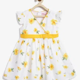 Campana Girls White and Yellow Cotton Floral Dress-image-40