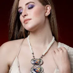 Moedbuille Handpainted Meenakari Work Pearl Studded Tassell Design Oxidised Silver Plated Necklace image 2