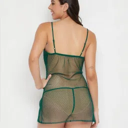 Clovia Green Self Design Babydoll With Thong image 2