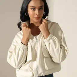 SHOWOFFFF Women's Cream Zip Up Front Bomber Jacket with Utility Pockets image 3