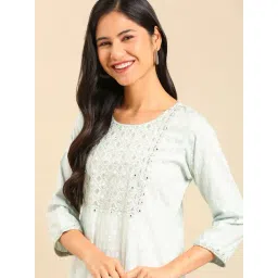 SHOWOFFFF Sea Green Cotton Embroidered Straight Kurta-picture-18