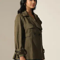 SHOWOFFFF Women's Olive Long Sleeve Button-Front Trench Coat with Wrist Belt image 3