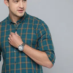 Mast & Harbour Men Teal Blue & Mustard Yellow Slim Fit Checked Casual Shirt-image-84