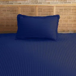 Sleeping Owls Navy Blue Striped 210 TC Single Bedsheet with 1 Pillow Covers image 2