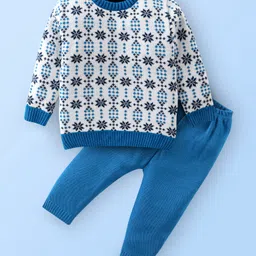 Babyhug Knitted Full Sleeves Sweater Set Star Design - White & Blue-picture-14