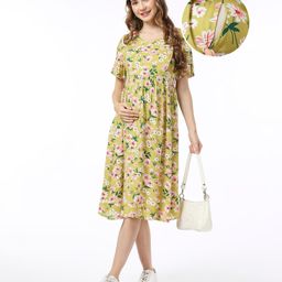 Bella Mama Women Short Sleeves Maternity Dress With Pocket Flower Print - Green-picture-23