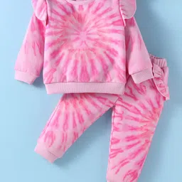 ToffyHouse Cotton Knitt Full Sleeves Frill Detailing Winter Wear Top & Lounge Pant Set With Tie-Dye Print - Pink-picture-11