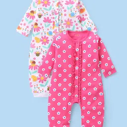Babyhug 100% Cotton Interlock Knit Full Sleeves Romper Floral Print Pack of 2 - Pink & White-picture-26