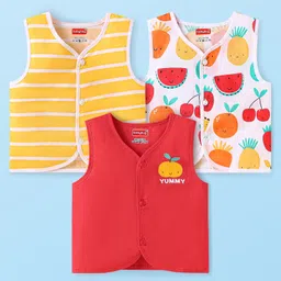 Babyhug 100% Cambric Woven SleevelessFront Open Jhabla with Fruit & Stripe PrintPack of 3 - Red & Yellow-picture-12