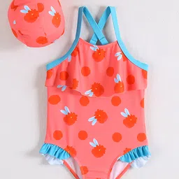 Mark & Mia Sleeveless V Cut Swimsuit with Cap Frill Detailing & Floral Print - Red-picture-17