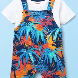 Babyhug Single Jersey Knit Half Sleeves T-Shirt & Dungaree With Tropical Print - White & Navy Blue-picture-11