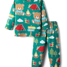 Babyhug Cotton Knit Full Sleeves Co-ords Night Suit With Bear Print - Green-picture-27