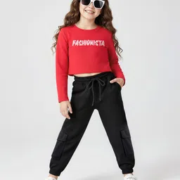 OLLINGTON ST. Woven Full Sleeves Top with Text Print & Waffle Pant - Red & Black-picture-25