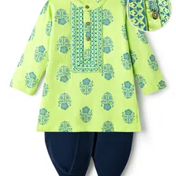 EARTHY TOUCH Single Jersey Knit Full Sleeves Kurta Dhoti Set With Floral Print - Light Green & Navy Blue-picture-34