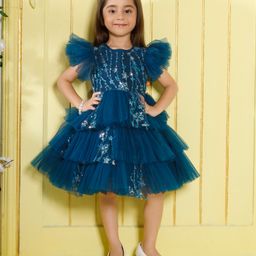 Ministitch Net Woven Flutter Sleeves Floral Embroidered & Sequins Embellished Tiered Dress - Teal-picture-9