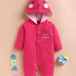 Wonderchild Full Sleeves Animal Face Embroidered & Ear Applique Detailed Hooded Romper - Rani-image-63