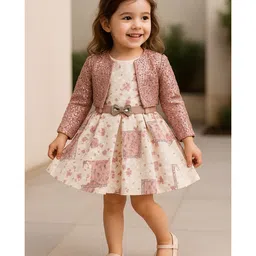 Lagorii Rayon Woven Floral Printed & Bow Applique Detailed Dress With Full Sleeves Sequins Embellished Jacket Set - Pink-picture-11