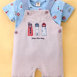 ToffyHouse 100% Supercombed Cotton Interlock Half Sleeves T-Shirt with Boat Print & Striped Dungaree - Blue image 2