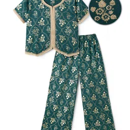 EARTHY TOUCH Single Jersey Knit Half Sleeves Indo western Set with Floral Foil Print - Green image 2