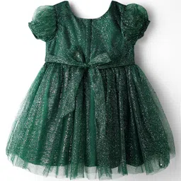 Babyhug Woven Puffed Half Sleeves Flared Glitter Dress With Rhinestones detailing on Waist - Dark Green image 3