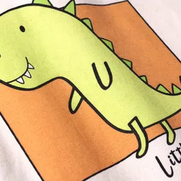 Bonfino 100% Cotton Fleece Knit Full Drop Shoulder Sleeves Hooded Sweatshirt With Dino Print & Applique - Off White & Green image 3