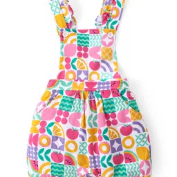 Babyhug Single Jersey Half Sleeves T-Shirt & Dungaree with Frill Detailing Fruits Print - Multicolour image 4