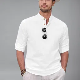 BHUVIKOO Band Collar Roll-Up Sleeves Straight Short Kurta image 2