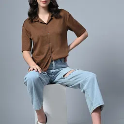 Genzy Women Crepe Lapel Collar Shirt Style Top-image-1