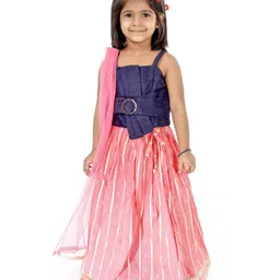 Babyoye Ghagra And Singlet Sleeves Choli with Dupatta Floral Glitter Print - Pink Blue-picture-13