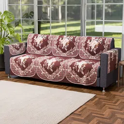 Kuber Industries Maroon & Beige 16 Pcs Floral Printed Velvet 5 Seater Sofa Cover With Arms image 2