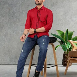 MAN'S SUITUP Men Classic Fit Solid Spread Collar Cotton Casual Shirt-picture-51