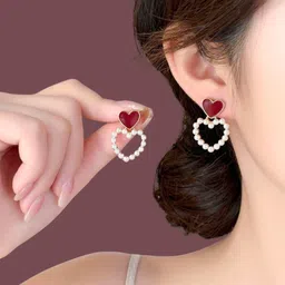 COOLWOOL Gold Plated Pearls Beaded Korean Heart Shaped Drop Earrings image 5