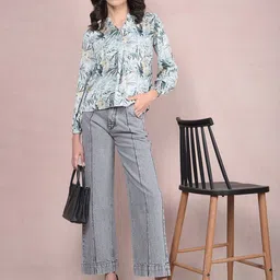 Crimsoune Club Tropical Print Mandarin Collar Cuffed Sleeves Shirt Style Top-image-92