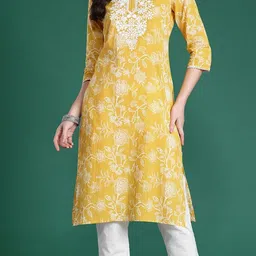 BKApparels Floral Printed Notch Neck Straight Cotton Kurta image 3