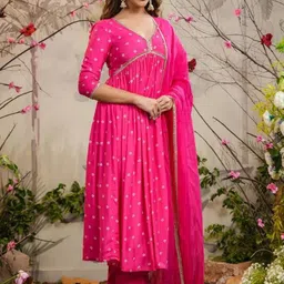 CAPITALHAVEN Women Ethnic Motifs Printed Empire Gotta Patti Chanderi Silk Kurta with Trousers & With Dupatta image 3