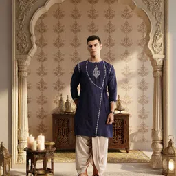 House of Pataudi Paisley Embroidered Angrakha Jashn Kurta With Dhoti Pants-image-0