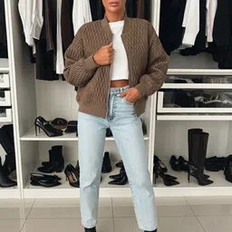 HERE&NOW Women Stand Collar Self Design Bomber Jacket-picture-27