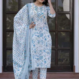 KALINI Paisley Printed Mirror Work Straight Pure Cotton Kurta With Trousers & Dupatta image 4