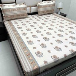 Pure Decor Cream-Coloured & Grey Floral 330 TC Queen Bedsheet with 2 Pillow Covers-picture-34