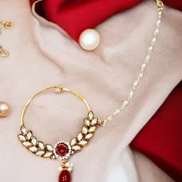 ANIKAS CREATION Gold-Plated Kundan Studded And Pearls Beaded Chained Nosepin-picture-23
